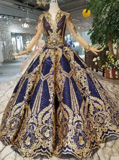 Blue Ball Gown Sequins Gold Sequins Appliques V-neck Long Sleeve Wedding Dress Floor Length Wedding Dress, Blue Ball Gowns, 파티 드레스, Lace Ball Gowns, Fantasy Gowns, فستان سهرة, Sleeve Wedding Dress, Beauty Dress, Gorgeous Gowns