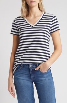 Caslon® Stretch Cotton Blend V-Neck T-Shirt | Nordstrom Navy Blazer, White Blazer, Fabric Gifts, Free Fabric, Stretch Cotton, White Stripe, V Neck T Shirt, Fall Outfits, Cotton Blend