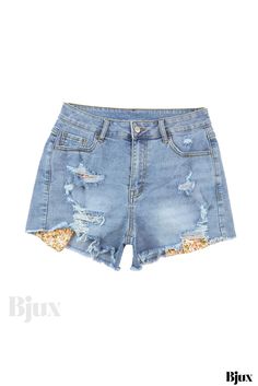 Bjux - Pantalones cortos vaqueros desgastados con inserto de punto floral y acabado de dobladillo único