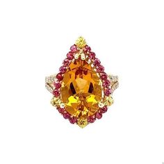 6.52 Carat Pear Cut Citrine Sapphire Diamond Yellow Gold Engagement Ring This gorgeous ring has a magnificent Pear Cut Citrine Quartz weighing 5.20 Carats and is surrounded by 24 Red Sapphires that weigh 1.06 carats and 28 Round Cut Diamonds that weigh 0.26 carats. (Clarity: SI, Color: F) The total carat weight of the ring is 6.52 carats.  Each stone is handpicked and carefully curated to create a unique piece by our in-house designer and jeweler! The Citrine measures approximately at 11 mm x 16