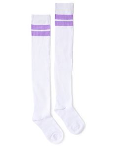 Add some fun style to any outfit with these white purple stripe over the knee socks! These fun socks are sure to get noticed wherever you wear them. Material: Polyester, spandex Care: Machine wash Imported Trendy Stretch White Knee-high Socks, Trendy White Stretch Knee-high Socks, Casual Stretch Hosiery For School, Trendy Knee-high School Socks, Trendy Knee-high Socks For School, Casual Stretch Socks For School, Trendy Purple Cotton Socks, Trendy White Thigh High Stockings, Purple Fitted Knee-high Socks