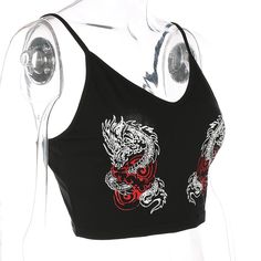 FREE SHIPPING !! Double Dragon Printed Sexy Camisole Summer Crop Top JKP659 Summer Y2k V-neck Camisole, Fitted Edgy Camisole Top, Edgy Fitted Camisole Top, Edgy Tank Crop Top For Summer, Edgy Summer Crop Top With Built-in Bra, Edgy Stretch Tank Top For Summer, Edgy Red Crop Top For Summer, Edgy Sleeveless Top With Built-in Bra, Edgy Camisole Tops For Summer