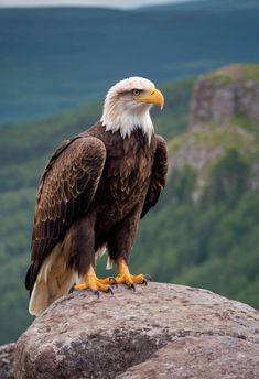 an eagle sitting on top of a large rock