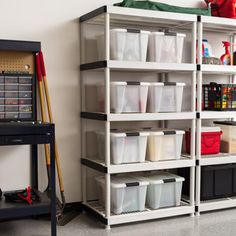 the shelves are filled with plastic containers and tools