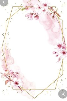 a watercolor painting with pink flowers and gold geometric frame on the bottom right corner