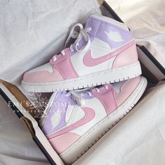 ♡ 100% authentic, hand-painted custom air force 1 lows with crackproof, waterproof coating ♡ New with original box ♡ Coquette pink blocking and hot pink detailing with pastel lavender purple         ☆ Color customization available ♡ Size may be converted to youth/mens if applicable (Message me if you need a size not listed) ♡ Made to order; allow 1-2 weeks for processing! ♡ All final sale, no returns or exchanges Pastel Jordans, Customized Nikes, Mid Sneakers, Pastel Lavender, Pink Details, Nike Air Jordan 1 Mid, Custom Air Force 1, Custom Nike, Coquette Pink