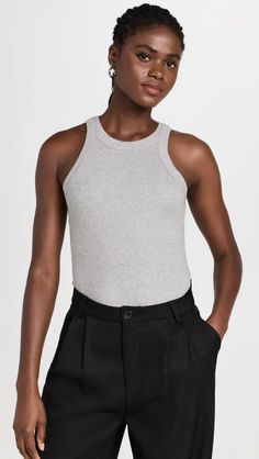 Reformation Tasha Tank | Shopbop Sporty Fitted Top With Ribbed Neckline, Fitted Ribbed Top For Workout, Fitted Ribbed Tops For Loungewear, Stretch Ribbed Gray Tops, Gray Stretch Tops With Ribbed Neckline, Ribbed Cotton Workout Top, Sporty Ribbed Tank Top For Layering, Fitted Tops With Ribbed Waistband For Loungewear, Ribbed Cotton Tank Top For Workout