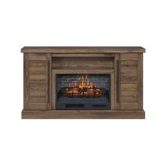 an electric fireplace with logs on the sides and fire in the center, against a white background