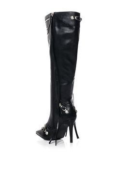 **FINAL SALE - NO EXCHANGES OR RETURNS** Introducing the Maeve-Black Stiletto Boot - an essential for any modern wardrobe. Crafted from luxurious black faux leather, these mid-calf length boots feature point-toe stilettos, silver hardware accents, and zip closer embellishments for a sophisticatedly stylish finish. Step out in sophistication and exclusivity with these stunning boots. Gothic Heeled Boots With Pointed Toe For Fall, Leather Punk Platform Boots, Punk Style Leather Platform Boots, Punk Style Leather Knee-high Heeled Boots, Edgy Knee-high Moto Boots For Party, Edgy Knee-high Boots With Zipper Closure, Gothic Knee-high High Heel Leather Boots, Punk Style Faux Leather Boots For Club, Edgy Evening Platform Boots In Faux Leather