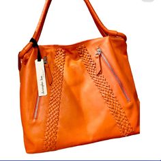 Nwt Orange Leather Hobo Bag. Fall Hobo Bag With Zipper Closure For Errands, Leather Pouch Bag With Braided Handles, Fall Satchel With Zipper Closure For Errands, Fall Soft Leather Bag For Errands, Fall Errand Bags In Soft Leather, Fall Leather Shoulder Bag With Removable Pouch, Trendy Leather Hobo Bag With Braided Handles, Leather Hobo Bag With Zipper Closure For Fall, Fall Hobo Bag With Zipper And Double Handle