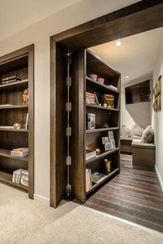 an open bookcase in the corner of a room with carpeted floor and walls