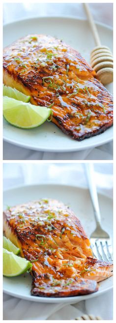 grilled salmon on a plate with lime wedges