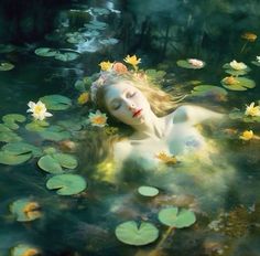 a woman is floating in the water surrounded by lily pads