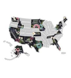 a map of the united states with flowers and words written in different languages on it