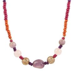 Bring harmony to any outfit with this long necklace from India. Created by Sabir this necklace circles the wearer with a strand of haldu wood beads in alternating colors of purple magenta and orange. This necklace is centered by purple and pink quartz beads accented with brass. Purple Necklaces, Magenta And Orange, Long Necklace Boho, Wood Bead Necklace, Red And Purple, Purple Necklace, Jewelry Workshop, Long Beaded Necklace, Jewellery Ideas