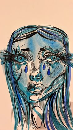 a drawing of a woman's face with blue hair and tears on her eyes