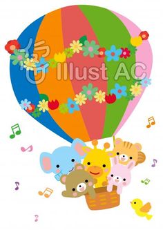 an image of a hot air balloon with animals in it and music notes around it