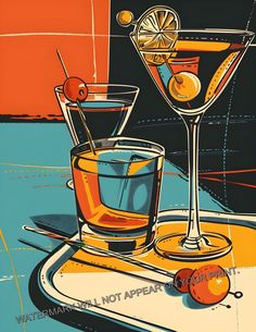 an image of two glasses of alcohol on a tray with oranges and cherries