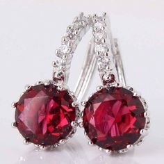 Feshionn IOBI Earrings Ruby Red on White Gold Exotic Gems CZ Solitaire Hoop Earrings Pink Jewelry, Best Jewelry Stores, Best Jewelry, Lovely Jewellery, Cz Diamond, Gold Plated Earrings, Gold Hoop, Gold Hoop Earrings, Ear Studs