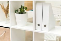 a white shelf with two boxes and a potted plant