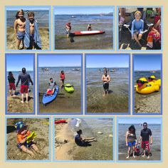 several pictures of people on the beach with surfboards and kayaks in the water