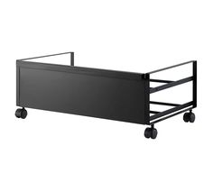 a black metal bed frame with wheels on the bottom and sides, against a white background