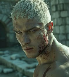 a man with white hair and blood on his face