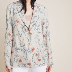 Brand New With Tags. Size Medium Sally Embroidered Blazer By Harlyn For Anthropologie. Lightweight Blazer Perfect For Summer! Background Of Narrow Tan And White Stripes With A Embroidered Floral Pattern On Top In Green, Blue, Orange, And Cream Colors. Collared With V-Neck And Two Button Front Closure And Two Patch Pockets. Fully Lined In A Cream Color Silky Fabric. Back Vent At Hemline. Full Length Sleeves. Slightly Oversized Fit For A Relaxed Silhouette. Decorative Metal Harlyn Tag At The Back Of Neck. 100% Rayon. Dry Clean. Approximate Measurements: Length = 28" Pit To Pit = 19.5" Across Waist = 19" Across Hip = 21.5" Across Spring Casual Embroidered Blazer, Casual Spring Embroidered Blazer, Spring Embroidered Blazer, Casual Embroidered Blazer For Spring, Spring Long Sleeve Blazer With Floral Embroidery, Long Sleeve Blazer With Floral Embroidery For Spring, Spring Floral Embroidered Long Sleeve Blazer, Elegant Embroidered Spring Blazer, Fitted Floral Embroidery Blazer For Spring