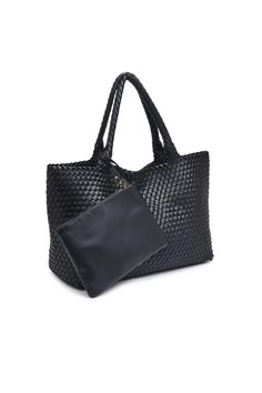 Introducing the Woven tote to carry all your necessities in style! This will be your new favorite bag that mixes fashion and practicality. The chic look will elevate any outfit in all seasons! Tote bag Material: Vegan Leather Size: 16” L x 6.25” W x 11.75” H Chic Black Bags For On-the-go, Chic On-the-go Shoulder Bag With Large Capacity, Elegant Black Weekender Bag With Top Carry Handle, Elegant Black Weekender Bag With Top Handle, Black Bag With Detachable Handle For Shopping, Black Shopping Bags With Detachable Handle, Black Bags With Detachable Handle For Shopping, Handheld Bags With Braided Handles For On-the-go, Chic Black Weekender Bag With Top Carry Handle