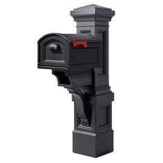 a black mailbox with red light on it