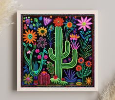 a painting with flowers and cactuses on it