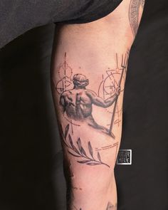 Biceps tattoo of Poseidon, geometric tattoo, olive branch tattoo, Atelier Milie tattoo artist Poseidon Mythology, Greek Mythology