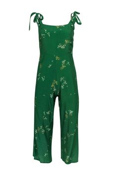 Current Boutique-Faithfull the Brand - Green Floral Tie Strap Jumpsuit Sz 6 Green Floral Print Jumpsuits And Rompers For Party, Spring Party Overalls Jumpsuits And Rompers, Spring Beach Green Jumpsuits And Rompers, Summer Beach Jumpsuits And Rompers With Tie Back, Green Overall Jumpsuits And Rompers For Vacation, Spring Vacation Jumpsuits And Rompers, Spring Vacation Overall Jumpsuits And Rompers, Green One-piece Jumpsuit For Summer, Vacation Spring Overalls And Rompers