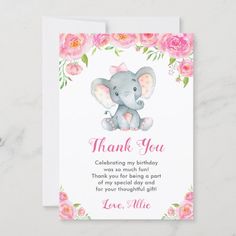 a thank card with an elephant and pink flowers on the bottom, in front of a white background