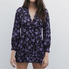 Zara Romper Mini Size Large Brand New With Tags Chic Purple Zara Mini Dress, Zara Printed Multicolor Mini Dress, Zara Long Sleeve Floral Mini Dress, Zara Purple Floral Print Dress, Zara Long Sleeve Floral Print Mini Dress, Zara Dresses, Dress Brands, Color Purple, Zara