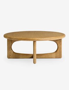 a wooden coffee table with an oval shaped top and two legs on one side, against a white background