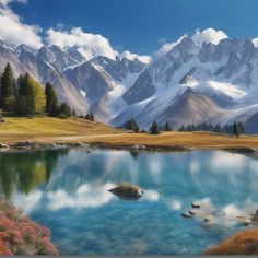 there is a mountain range in the background with blue water and rocks on the shore