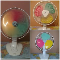 three different types of colorful fans on a table