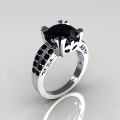 Elegant and classy, the new Modern Vintage 14K White Gold 3.0 Carat Black Diamond Solitaire Ring R102-14KWGBDD is sure to delight the most discriminating feminine taste.   Includes:      * 1 x 5 grams TW of cast solid 14K white gold mounting ring size 7 (sizable) * 20 x round 0.015 carat (0.30 CTW) laboratory grown black diamonds  * 1 x round 3.0 carat laboratory grown black diamond center stone - can be replaced with your own 3.0 carat (9.4 mm diameter) stone * Deluxe jewelry box  This solitair Solitaire Wedding Ring, Black Diamond Engagement Ring, Black Diamond Solitaire, Hand Rings, Verde Smeraldo, Black Diamond Engagement, Wedding Rings Solitaire, Pretty Stuff, Black Diamonds