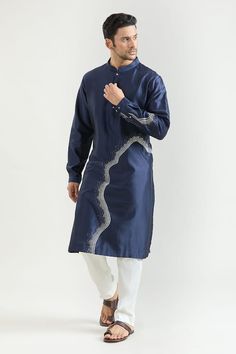 Navy chanderi kurta with placed abstract pattern embroidery. Comes with contrasting pyjama. - Aza Fashions Pajama Pattern, Kurta Set For Men, Kurta Pajama, Pattern Embroidery, Kurta Set, Inspiration Board, Aza Fashion, Abstract Pattern, Hand Embroidered