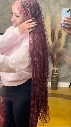 #boho #bohobraidstyle #burgundy #red Burgundy Small Boho Knotless Braids, Color 425 Knotless Braids, Boho Red Knotless Braids, Red Burgundy Braids, Boho Knotless Braids With Color Burgundy, Boho Braids Burgundy, Dark Red Knotless Braids With Curls, Boho Knotless Braids Burgundy, Dark Red Boho Knotless Braids