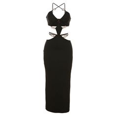 Make a timeless statement in this black Cut Out Tie Backless Cami Bodycon Dress. Crafted with cut out details and a maxi length, this dress is designed to hug the curves and create a look of effortless elegance. Perfect for an evening event or night out. Fit Type: Slim Fit Fabric: High Stretch Material: 95% Polyester, 5% Elastane Black Maxi Dress With Cut-out Waist For Evening, Elegant Hollow Out Backless Maxi Dress, Cutout Maxi Dress For Date Night, Fitted Black Maxi Dress With Hollow Out Details, Chic Hollow Out Maxi Dress For Party, Black Cutout Floor-length Maxi Dress, Hollow Out Maxi Dress For Evening, Black Elegant Dress With Cut-out Waist, Black Floor-length Maxi Dress With Cutout