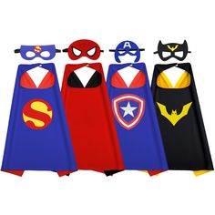 three children's capes with superhero logos on them