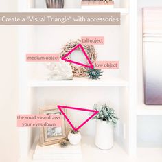 a shelf with various items on it and the words create a visual triangle with accessories