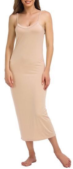 PRICES MAY VARY. 【SOFT & STRETCHY FABRIC FOR FULL SLIP DRESS】Women's soft under slip dress made from 95% Modal (Cotton) & 5% Spandex, perfectly stretchy and smooth touch feeling, perfect also for basic under slip dress, sleep or lounge wear dress. 【CLASSIC DESIGNED FOR WOMEN SLIPS】women's full slips with v-neckline and the adjustable straps allow for tailored fit. Extremely elasticity and soft fabric good for smooth look under clothes all day. 【FITS FOR OTHER OCCASIONS】The long slips for under d Lounge Wear Dress, Short Slip Dress, Long Nightdress, Cami Slip Dress, Long Slip Dress, Long Slip, Night Dress For Women, Long Evening Gowns, Lounge Lingerie