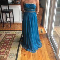 Beaded Bodice With A Chiffon Overlay And Satin Underneath Layer. Has A Small Tear On The Chiffon At The Very Bottom (Not Noticeable/Could Be Altered Off). Worn Once Teal Gown, Chiffon Overlay, Beaded Bodice, Dark Teal, Price Drop, Strapless Dress Formal, One Shoulder Formal Dress, Bodice, Dresser