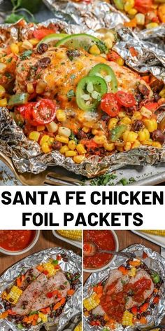 foil packet with chicken, corn and peppers on it in the process of being cooked