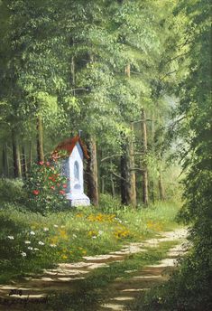 a painting of a house in the middle of a forest with flowers growing out of it