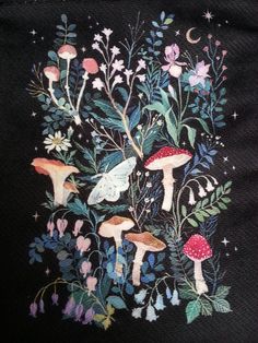 mushrooms and flowers on a black background