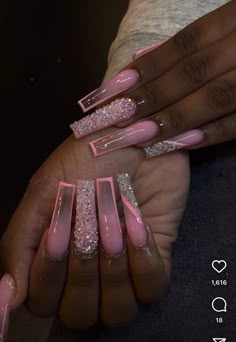 Nails Inspiration 21 Birthday, Black Bday Nails Ideas, Rhinestones On Ombre Nails, Pretty Bday Nails, Long Baddie Nails Pink, 21 Bday Nails Short, Birthday Nail Ideas Acrylic Coffin, Pink Nail Designs For Prom, Pink Sweet 16 Birthday Nails